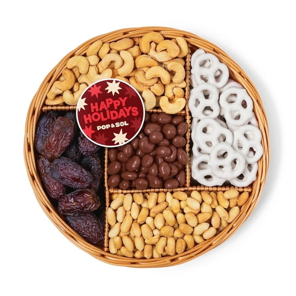 Pop & Sol by Nuts.com, Happy Holidays Large Sweet and Salty Snack Gift Basket, 48 oz