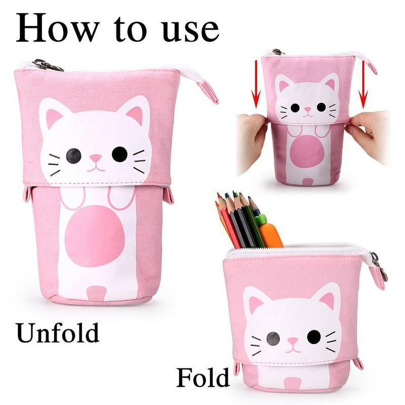 Cute Telescopic Pencil Pouch Standing Pen Holder Portable Cartoon Pencil Bags Stand Up Pen Case Stationery Storage Box 1pc Black