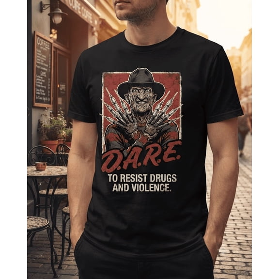 Vintage DARE Freddy Krueger Syringe Glove Horror Parody Graphic T-Shirt Retro Tee