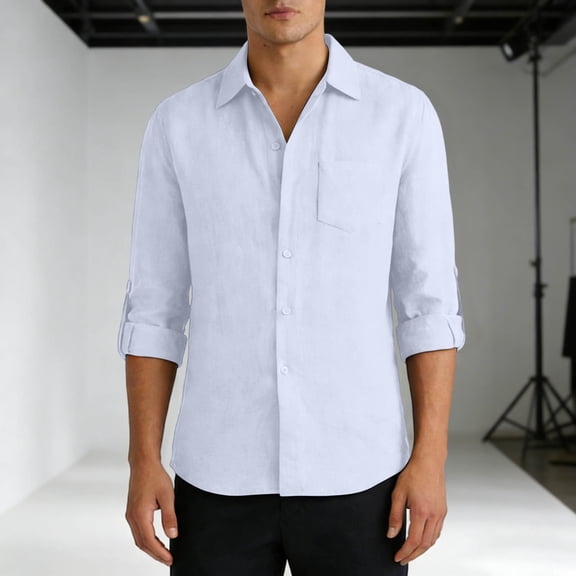 Yusimy Mens Solid Color Linen Cotton Blend Long Sleeve Button Front Shirt with Pocket Casual Comfort Fit