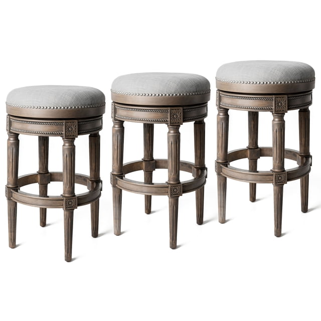 Maven Lane Pullman Backless Bar Stool in Reclaimed Oak Finish w/ Ash Grey Fabric Upholstery, Set of 3