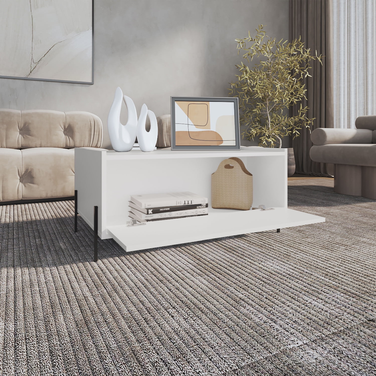 Minimalistic Living Room Coffee Table with Storage, Modern White Finish