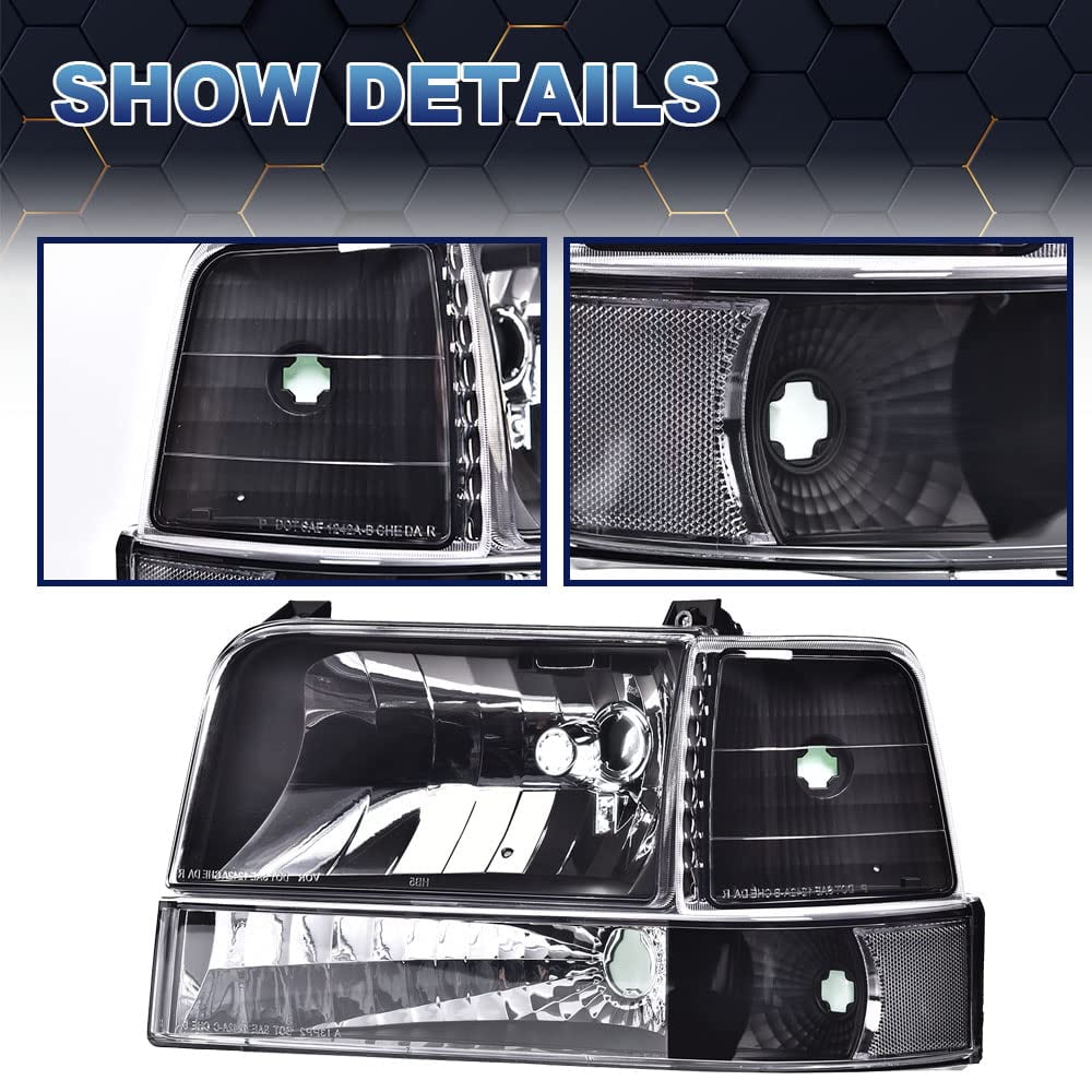 PIT66 Headlights HeadLamps w/Corner Signal Bumper Lamps Clear Lens Black Housing Clear Reflector Fit for 92-96 Ford F150/250/350 Bronco