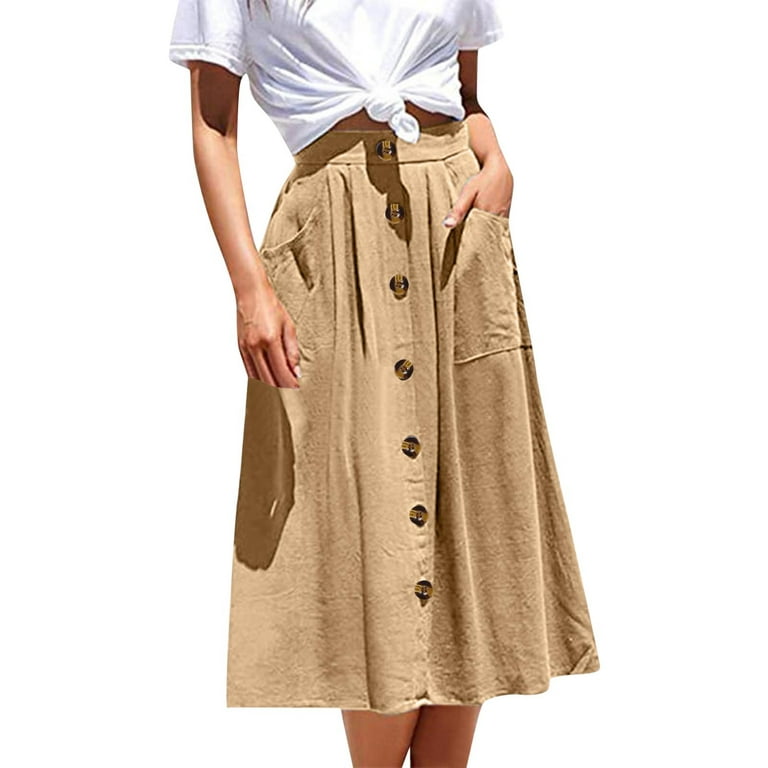 GWAABD Elastic Skirt for Women Women Long Button Pocket Skirt Solid Color  High Waist Fashion Casual A Line Skirt