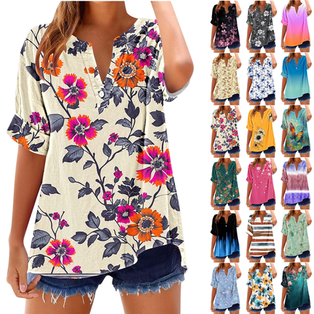 Xdegoge Oversized T-Shirts for Women Short Sleeve Summer Linen Tops V Neck Flowy Casual Boho Shirts Loose Fit Floral Blouses Beach Vacation Clothes
