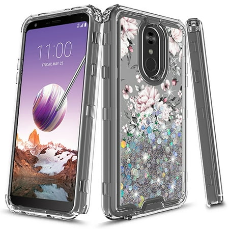 Flame Protective Case - LG Stylo 4 Case, LG Stylo 4 Plus case, KAESAR Hybird Graphic Designed Gradient Quicksand Glitter Liquid Floating with Frame Bumper Protective Armor Case for LG Stylo4 / Stylo 4 + (Flower)