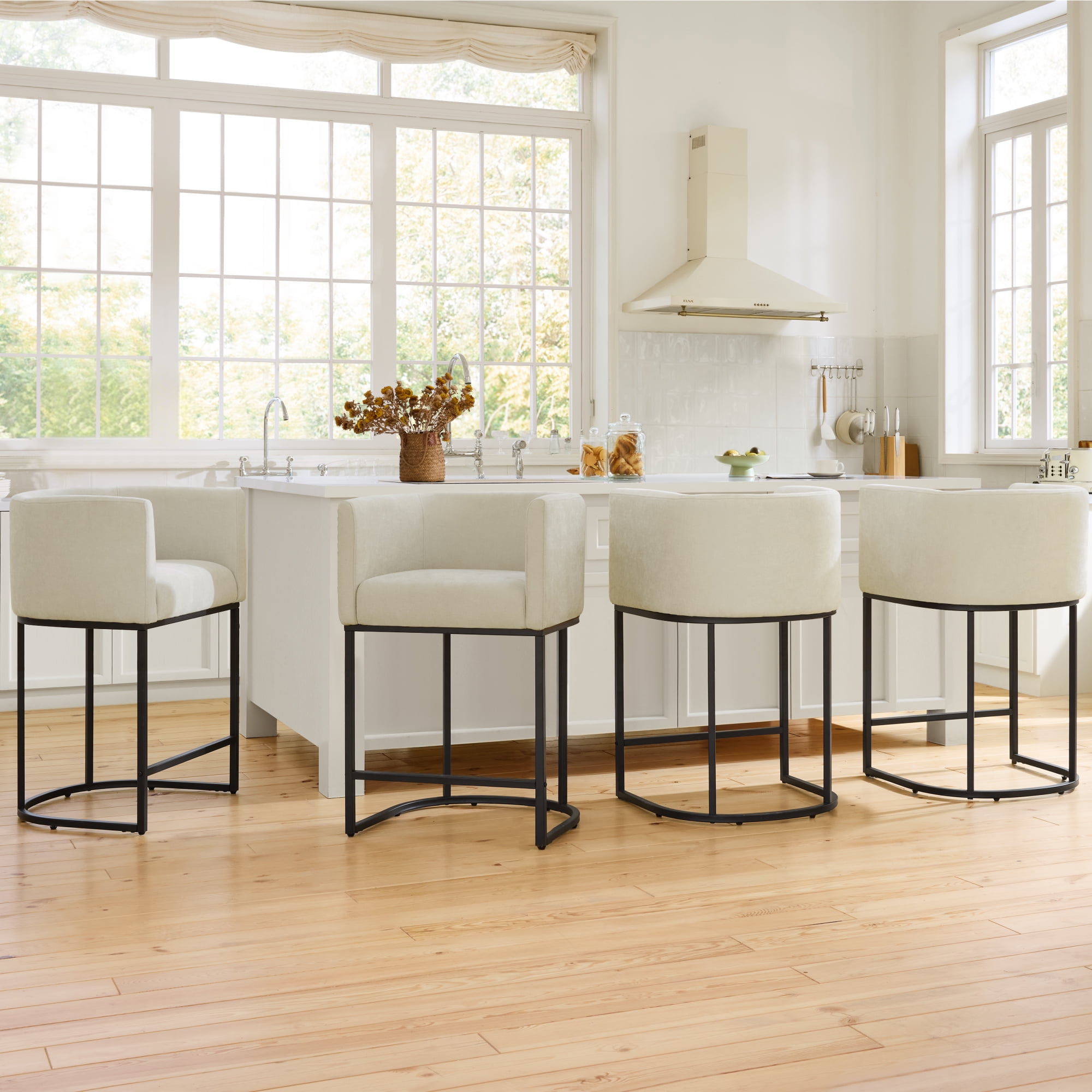 Spruce & Spring Modern Barrel-Back Upholstered Counter Stool with Wide Seat for Kitchen Island or Home Bar Set of 2, Sand