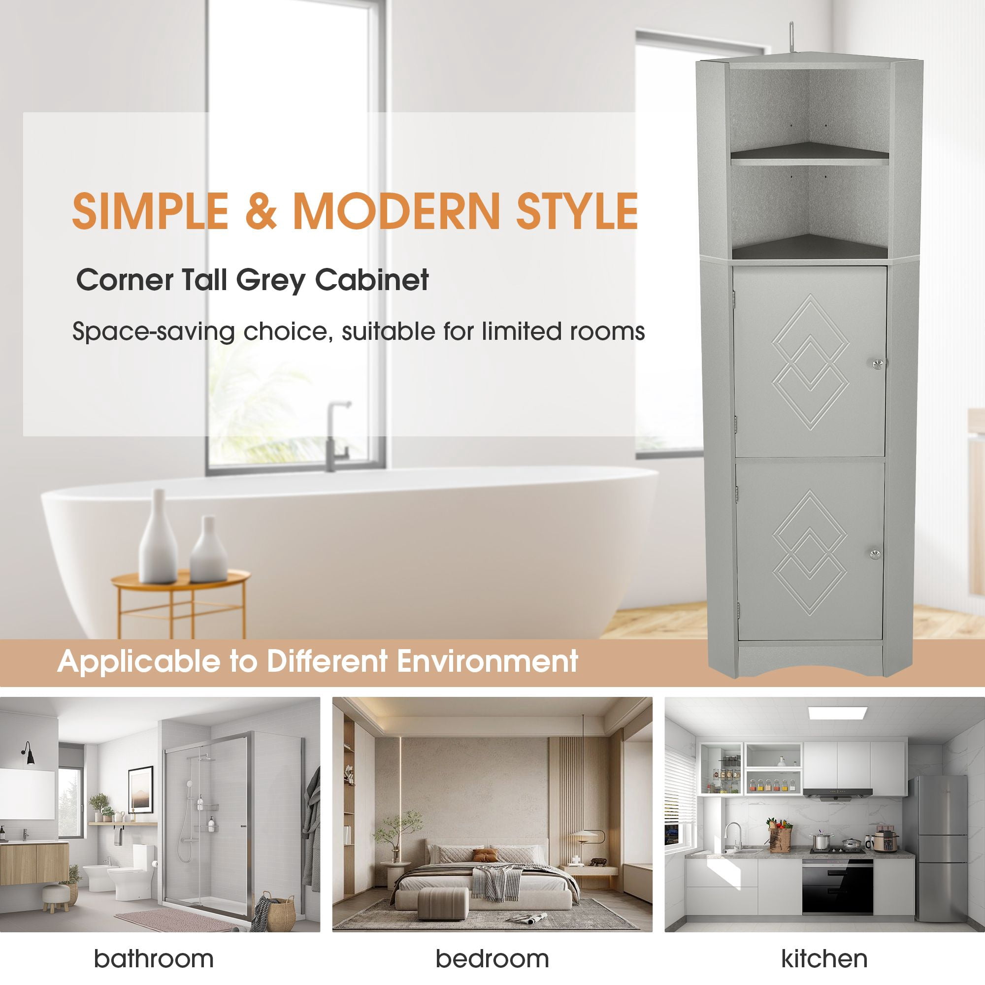DEALTOPS Modern Tall Corner Cabinet, Freestanding Storage Cabinet with Adjustable Shelves, Gray