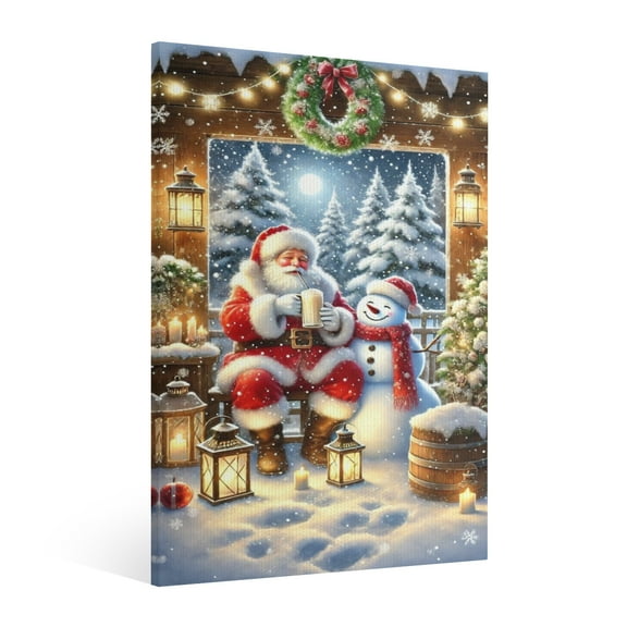 Vintage Christmas Santa Claus and the Cute Snowman Wall Art Paint Framed - Retro Xmas Festive Winter Holiday Christmas Wall Decor Canvas Print for Living Room Kitchen Bathroom Home Bedroom Decor
