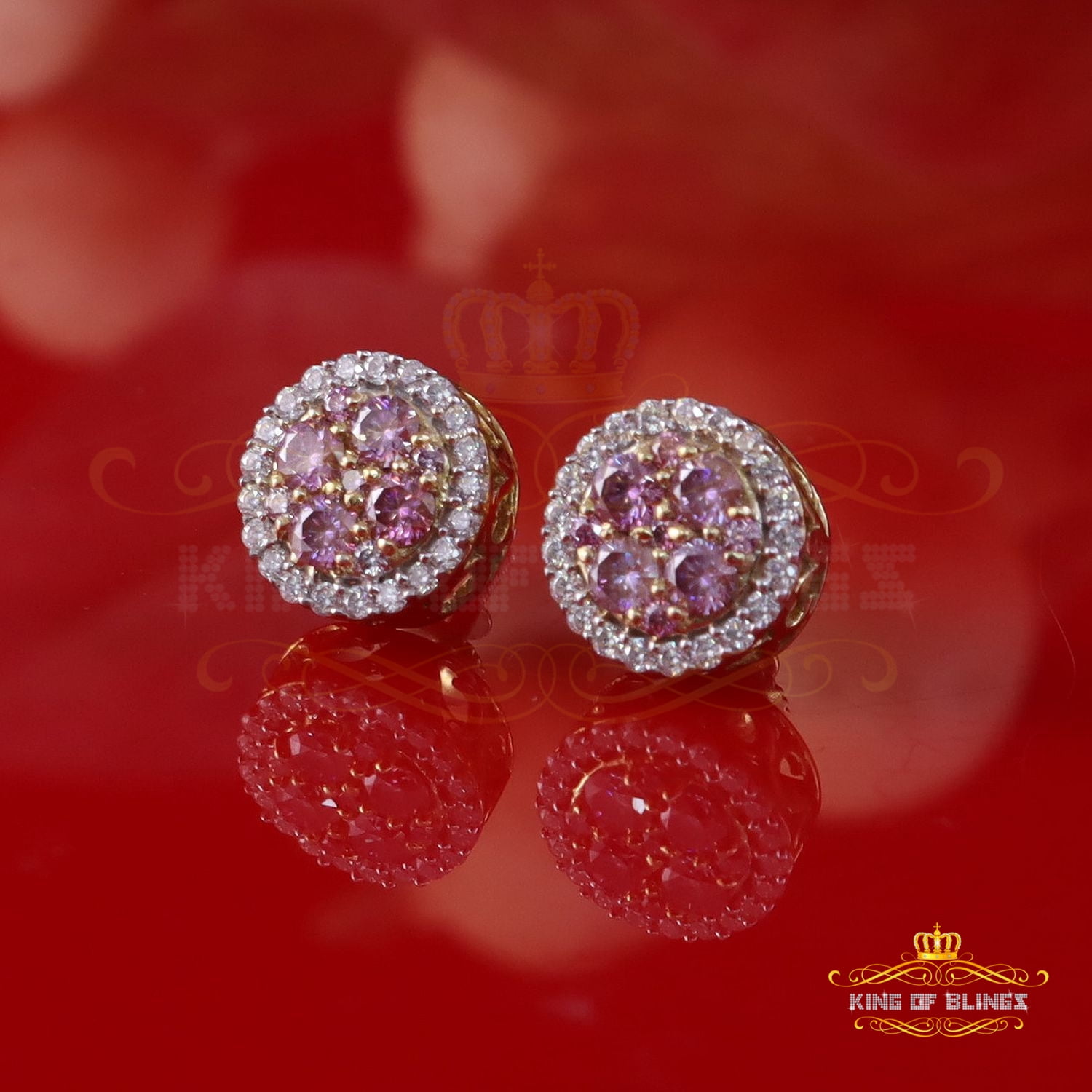 King of Bling's 925 Silver Yellow 1.00ct VVS D Pink Moissanite Round Men's/Women's Stud Earrings