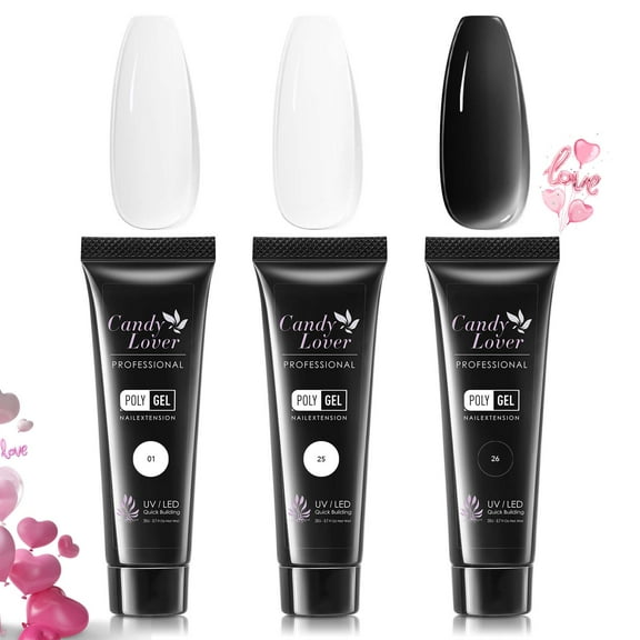 Candy Lover Nail Extension Gel, 3 Colors Poly Gel Nail Builder Gel, Black White Clear Nail Thickening Solution Manicure Poly Nail Gel Kit