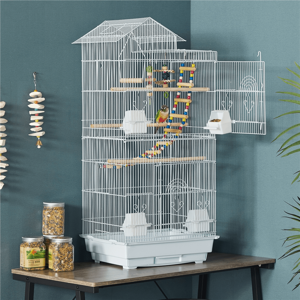 Yaheetech 39''H Metal Parrot Cage Birdcage with Toys & Swing, White