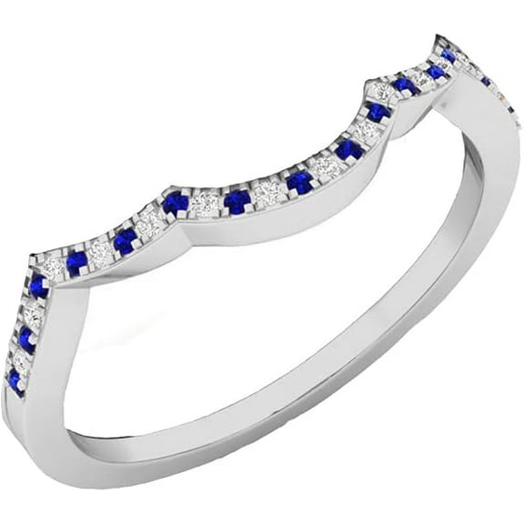 Gems Jewels 0.12 Carat 14K White Gold Plated Blue Sapphire And Diamond Ladies Anniversary Wedding Stackable Band Contour Guard Ring-6