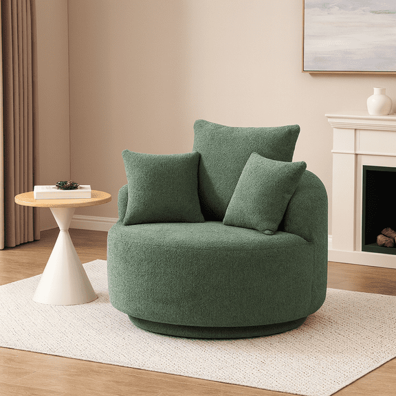 360° Swivel Chair Accent Barrel Chair Swivel Round Upholstered Sofa Chair with 3 Removable Pillows for Living Room, Bedroom, Office and Hotel, High-Resilience Sponge,Green