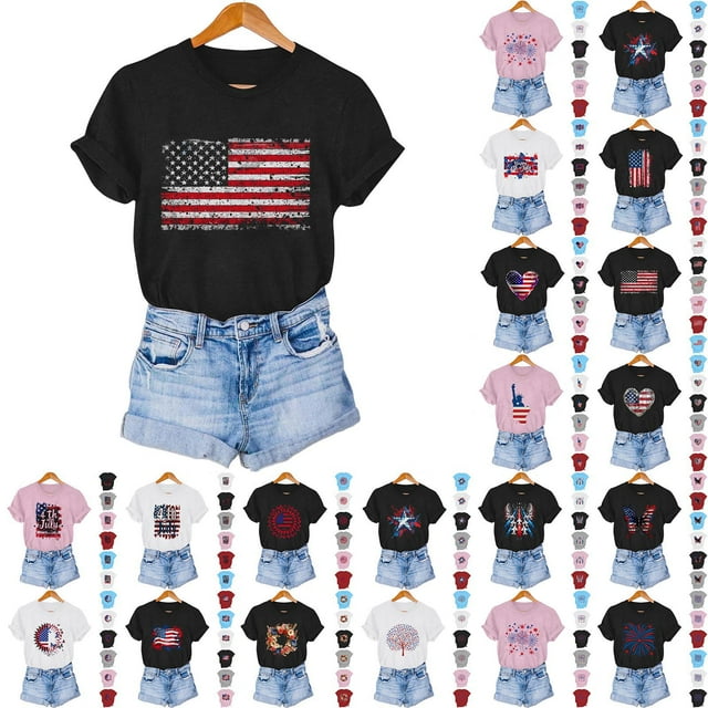 VKOYWKM T-Shirts du 4 Juillet pour Femmes Fête de l'Indépendance T-Shirts Graphiques Drapeau Américain Manches Courtes Col Rond Patriotiques T-Shirts du 4 Juillet