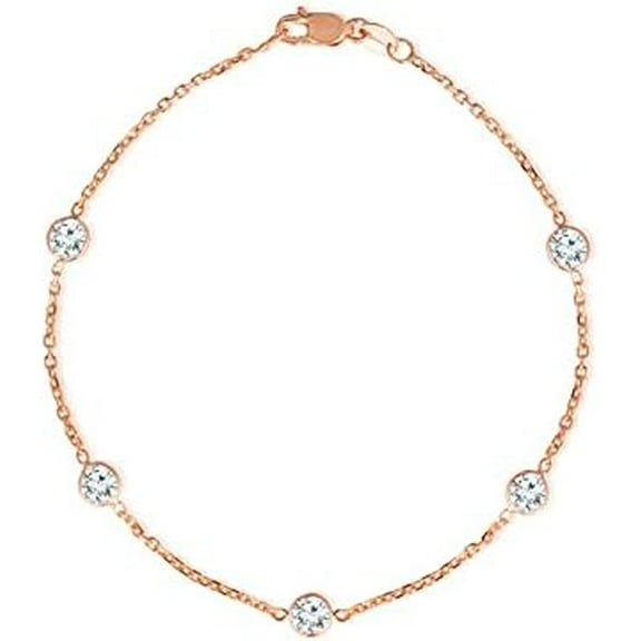 Floreo 14k Rose Gold 4mm Round Created Cubic Zirconia (CZ) Birthstone Cable Bracelet or Anklet