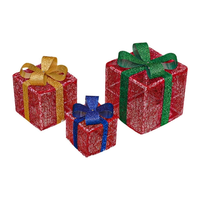 jifeng 3 Pieces LED Christmas Lighted Gift Boxes Ornament for Office Hotel Festival Red