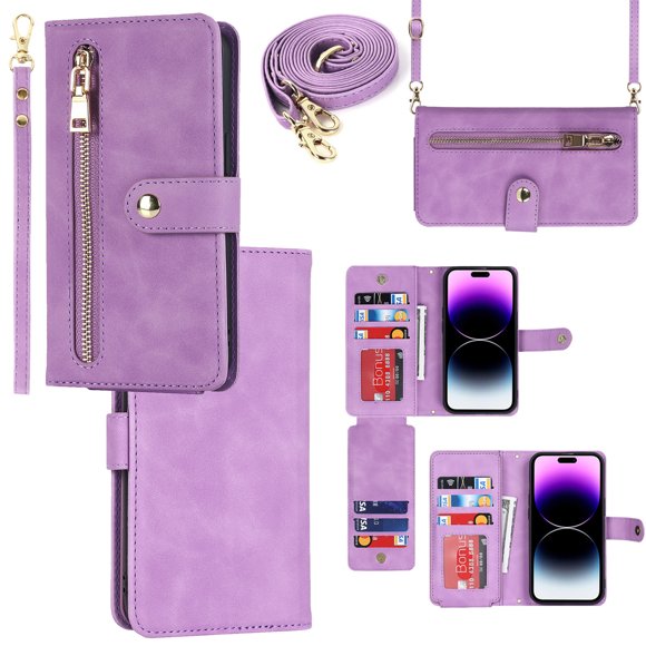 Feishell Compatible with for iPhone 11 Wallet Case Crossbody, Zipper Phone Case with RFID Blocking Card Holder Wrist Strap Leather Purse Gift for Women For iPhone 11, Lightpurple