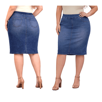 Jack David Women's Plus Size Spandex Waist Blue Denim Skirt with
