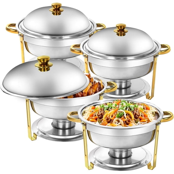 YXSC Round Chafing Dishes Buffet Set 4 Pack, 6QT Gold Stainless Steel Catering Chafer, Food Warmer with Lids for Catering and Events