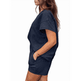 thumbnail image 2 of Ensemble de Survêtement pour Femme 2 Pcs, Couleur Unie, Col Rond, Tissu Texturé Décontracté, Manches Courtes, Pyjama, Bleu Foncé, TG, 2 of 7