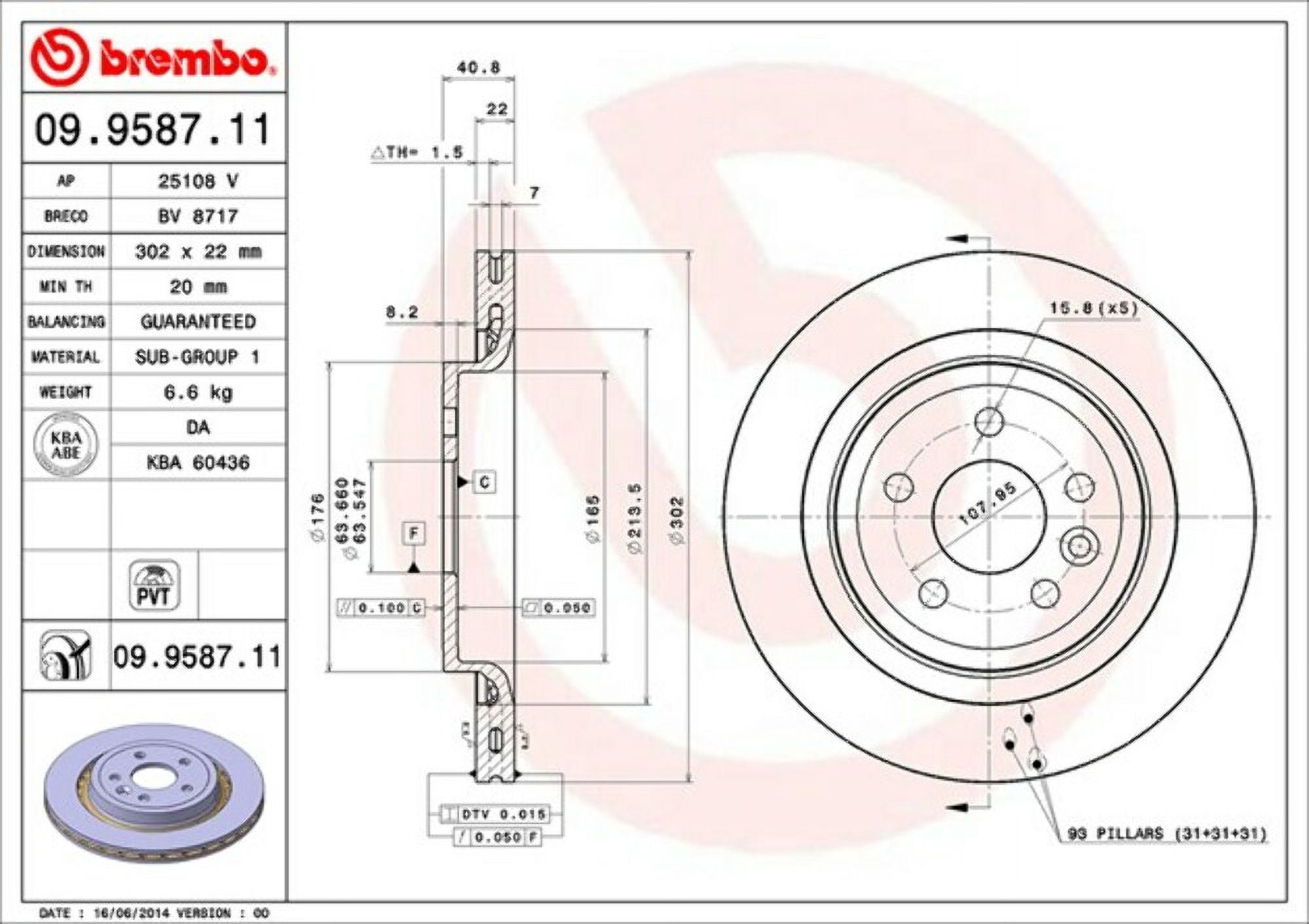 Brembo 09.9587.11 BRAKE ROTORS Fits select: 2008 VOLVO XC70, 2010-2011 VOLVO S80 3.2