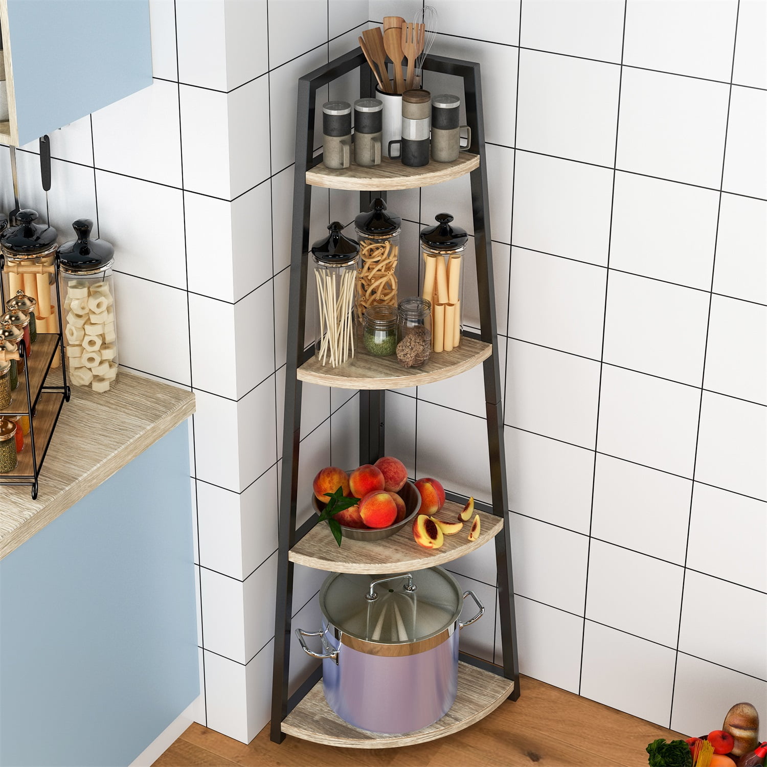 Resenkos 4-Tier Corner Shelf, Triangular Shelf for Cubicle Bookshelf for Bedroom Small Bookcase for Living Room, Industrial Corner Storage Rack Plant Stand Storage Shelf Rack for Kitchen