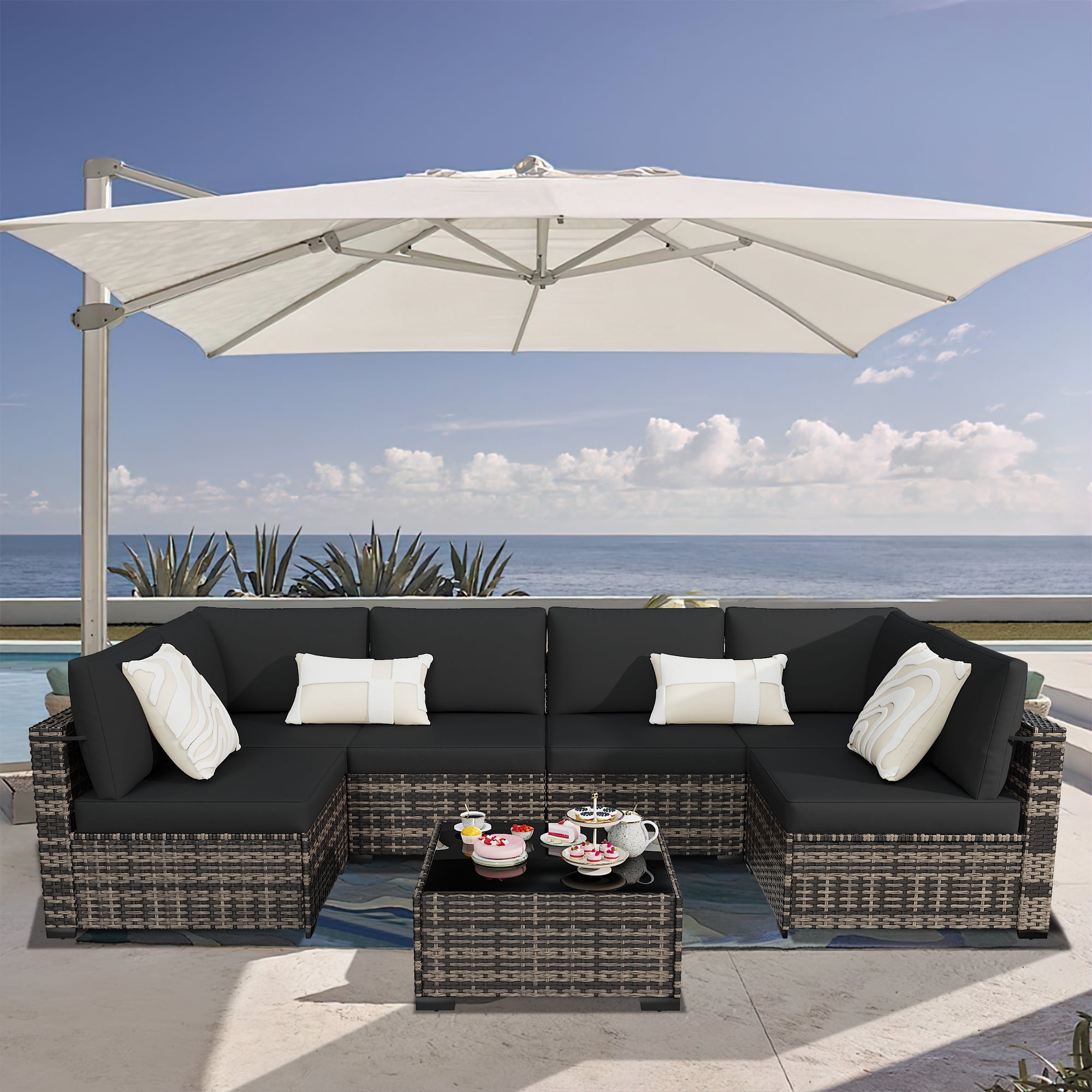 KIGOTY 7 Piece Outdoor Patio Furniture, Wicker Rattan Outdoor Conversation Set Sectional Sofas for Backyard, Garden, Beige-Black