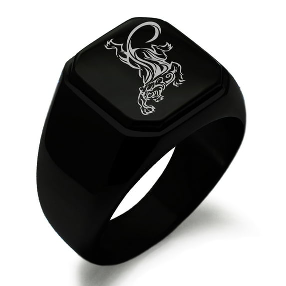 Stainless Steel Striking Tiger Engraved Square Flat Top Biker Style Polished Ring