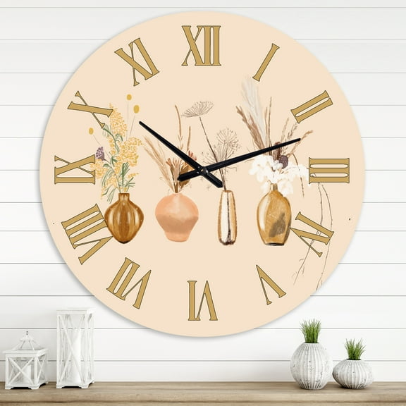 Designart 'Bouquets Of Wildflowers In Gold Vases Ii' Traditional Wall Clock