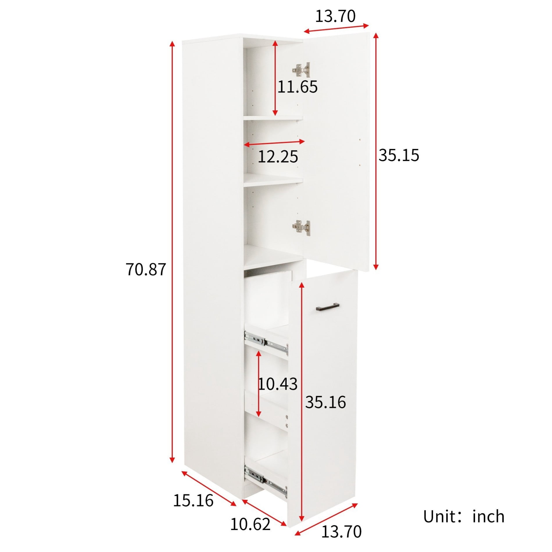Tall Kitchen Pantry Cabinet with Pull-Out Shelves, Freestanding Storage Cabinet with Door, 3 Tier Sliding Organizer, Space Saving Pantry Cupboard for Kitchen, Dining Room, Living Room, White