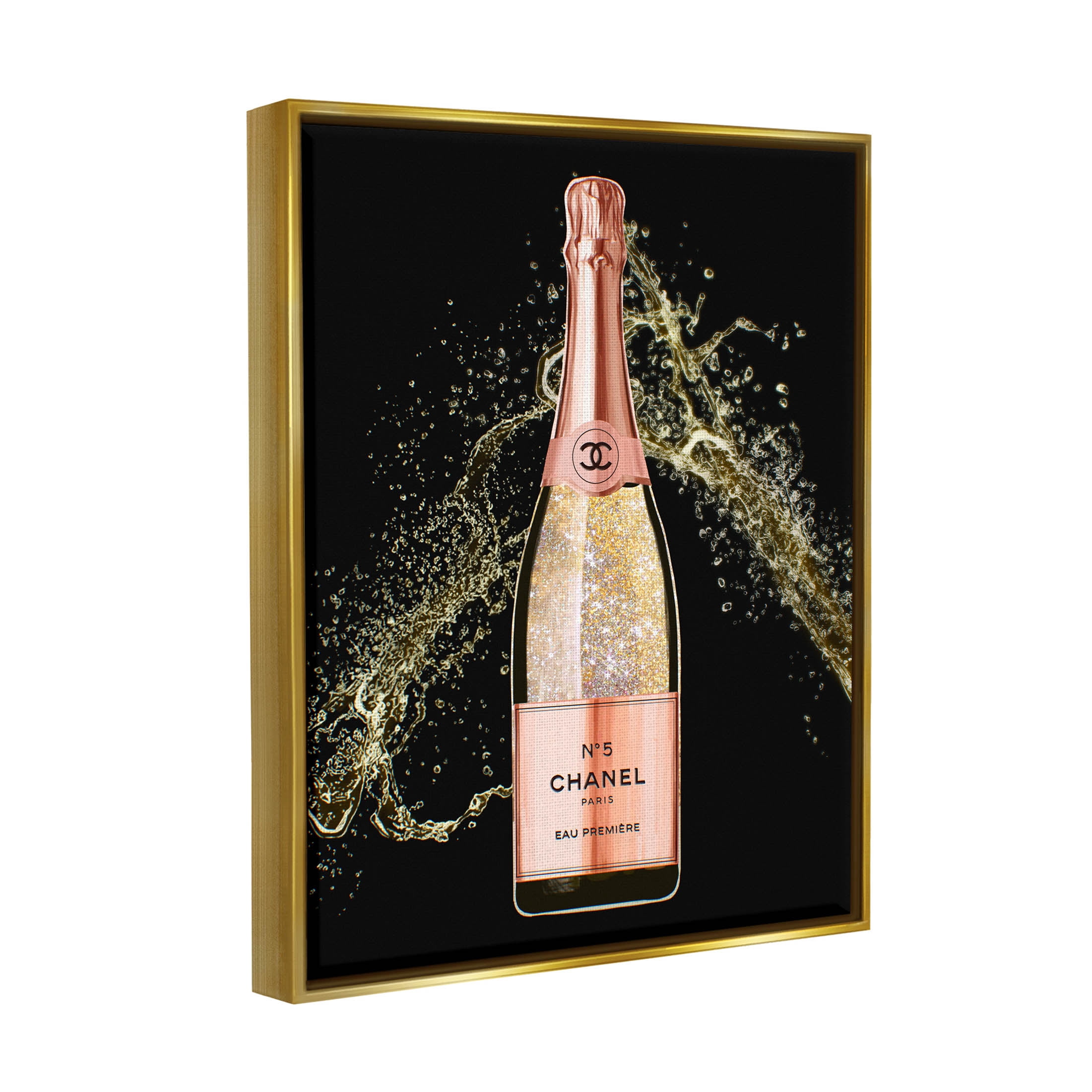 Stupell Industries Glam Fashion Champagne Bottle Splash Graphic Art Metallic Gold Floating Framed Canvas Print Wall Art, Design by Ziwei Li
