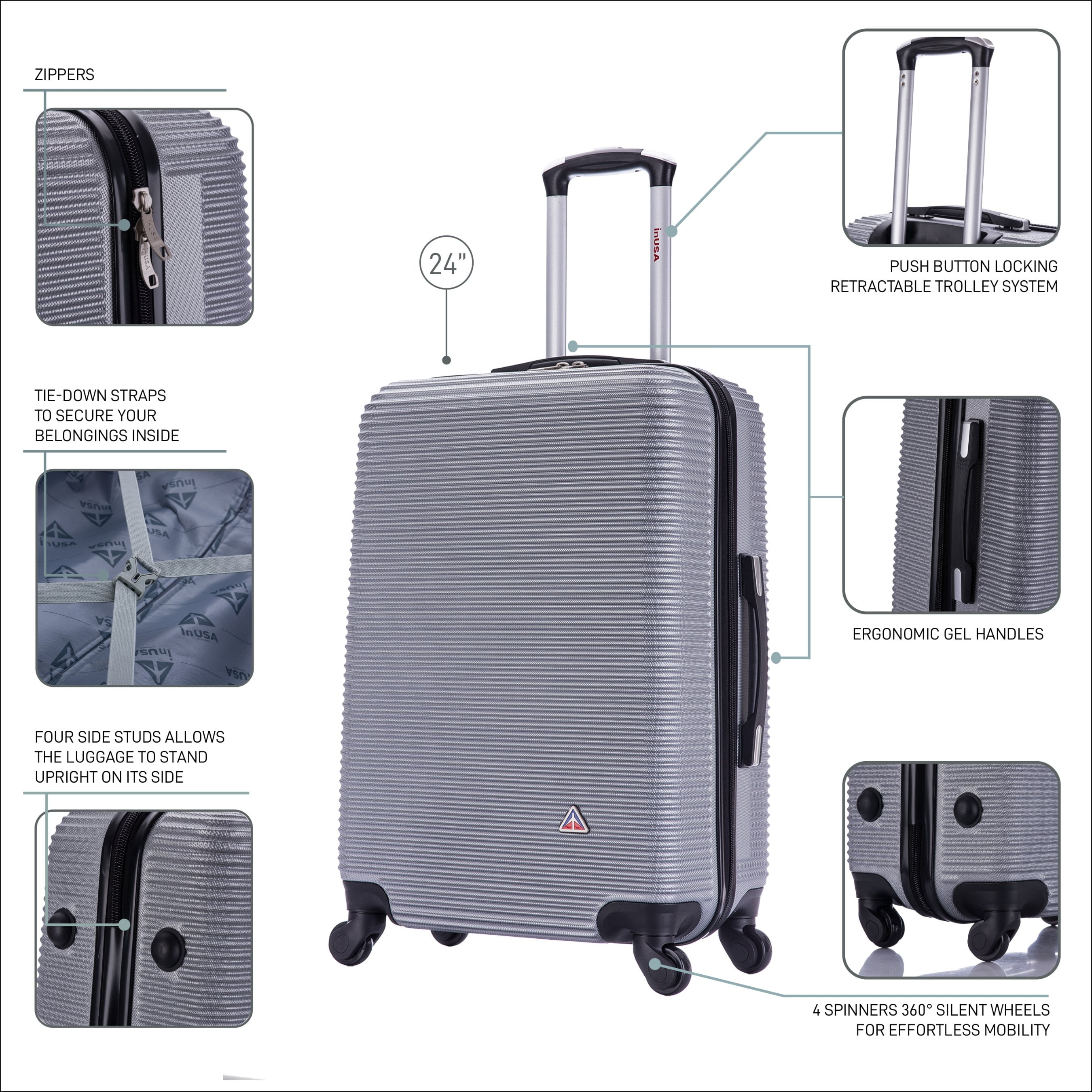 InUSA Royal 24" Hardside Lightweight Luggage with Spinner Wheels, Handle, and Trolley, Silver
