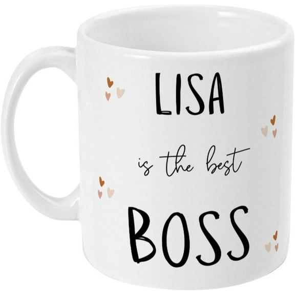 Personalized Best Boss Coffee Mug, White Ceramic Cup with Hearts Design, Gift for Female Boss, Manager, or Team Leader, Birthday Mug, 11 oz