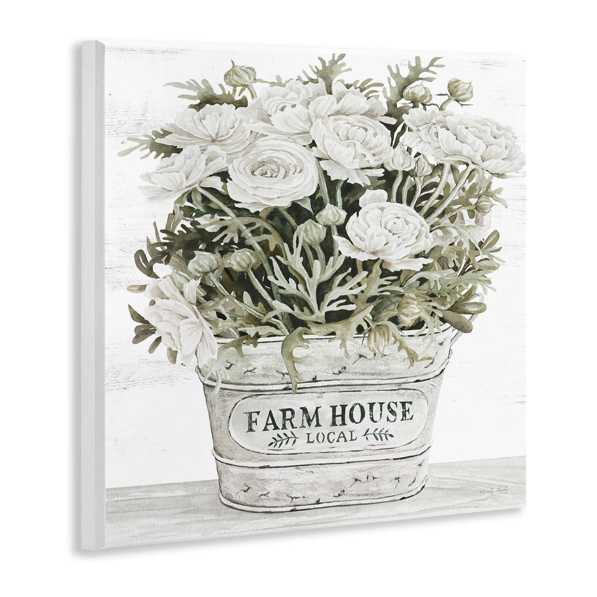 Stupell Industries Farmhouse Planter White Rose Blossoms Rustic Table Painting Unframed Art Print Wall Art, Design by Cindy Jacobs