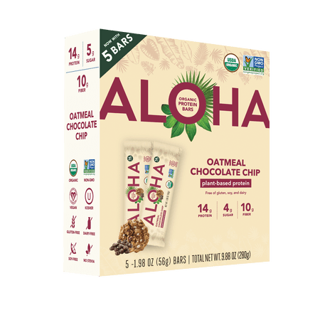 Aloha Plant-Based Protein Bars, 14g Protein, Oatmeal Chocolate Chip, 5 Pack
