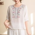 thumbnail image 6 of ClodeEU Women's Floral Embroidered Linen Blend Top,Casual Round Neck 3/4 Sleeve Blouse White,Women's Plus L, 6 of 6