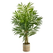 Silk Plant Nearly Natural 8" King Palm Artificial Tree in Handmade Natural Cotton Multicolored Woven Planter