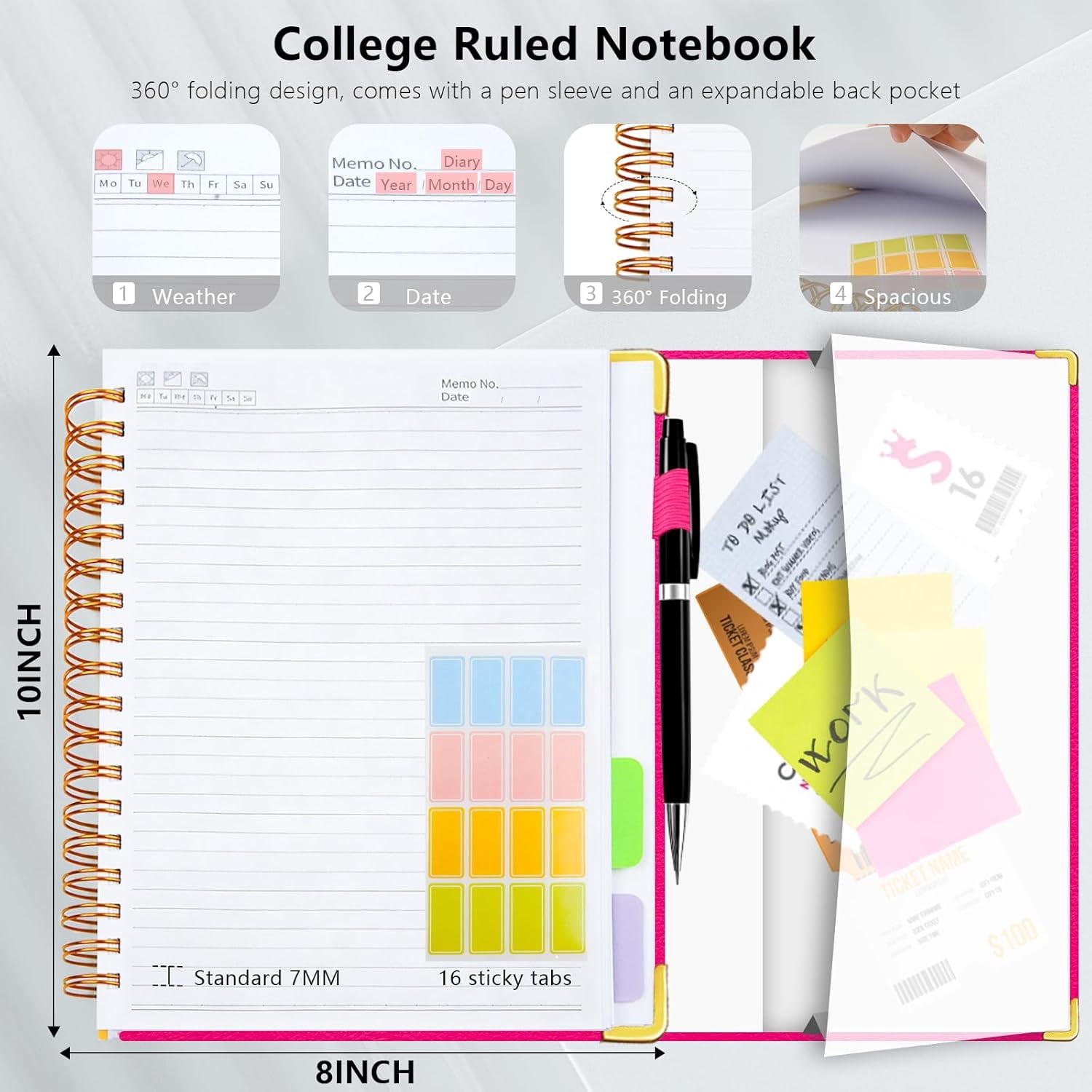 Hardcover Spiral Notebook College Ruled, 8"x10" Leather Journal Notebook with Magnetic Closure, 300 Pages 5 Subject Notebook with Dividers Tabs Journal for Women Men, Work, School(Rose Red)
