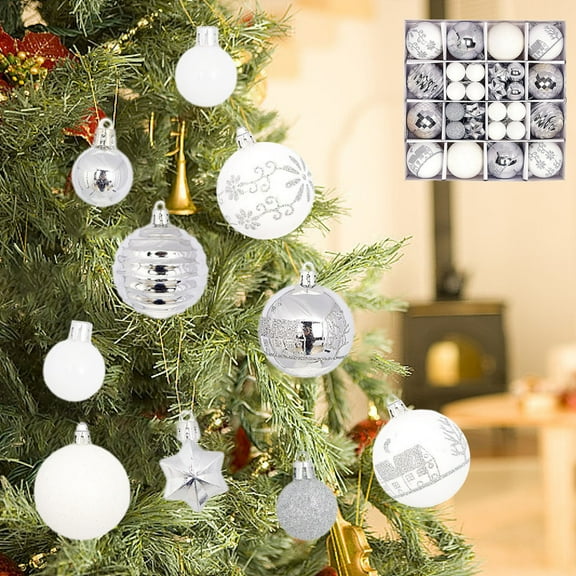 44 Pack Silver and White Christmas Tree Ornaments Set 2.36in Shatterproof Decorative Balls with Glitter Snowflakes Stars Stripes and Assorted Patterns for Holiday Party Seasonal Xmas Decor