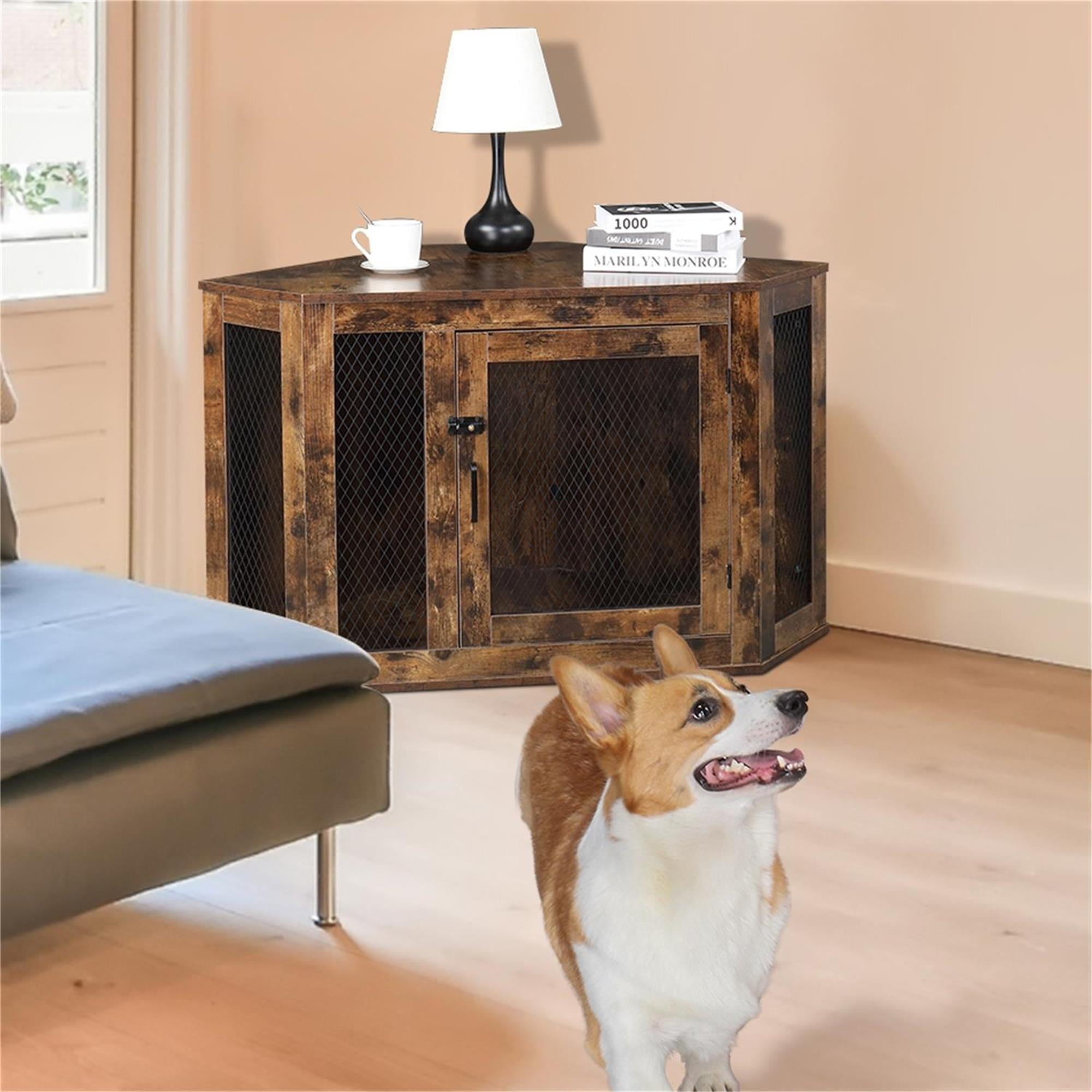 Pefilos 44" Furniture Corner Dog Crate, Dog Kennel with Wood and Mesh, Dog House, Pet Crate Indoor Use, Brown Pefilos 44" Furniture Corner Dog Crate, Dog Kennel with Wood and Mesh, Dog House, Pet Crate Indoor Use, Brown