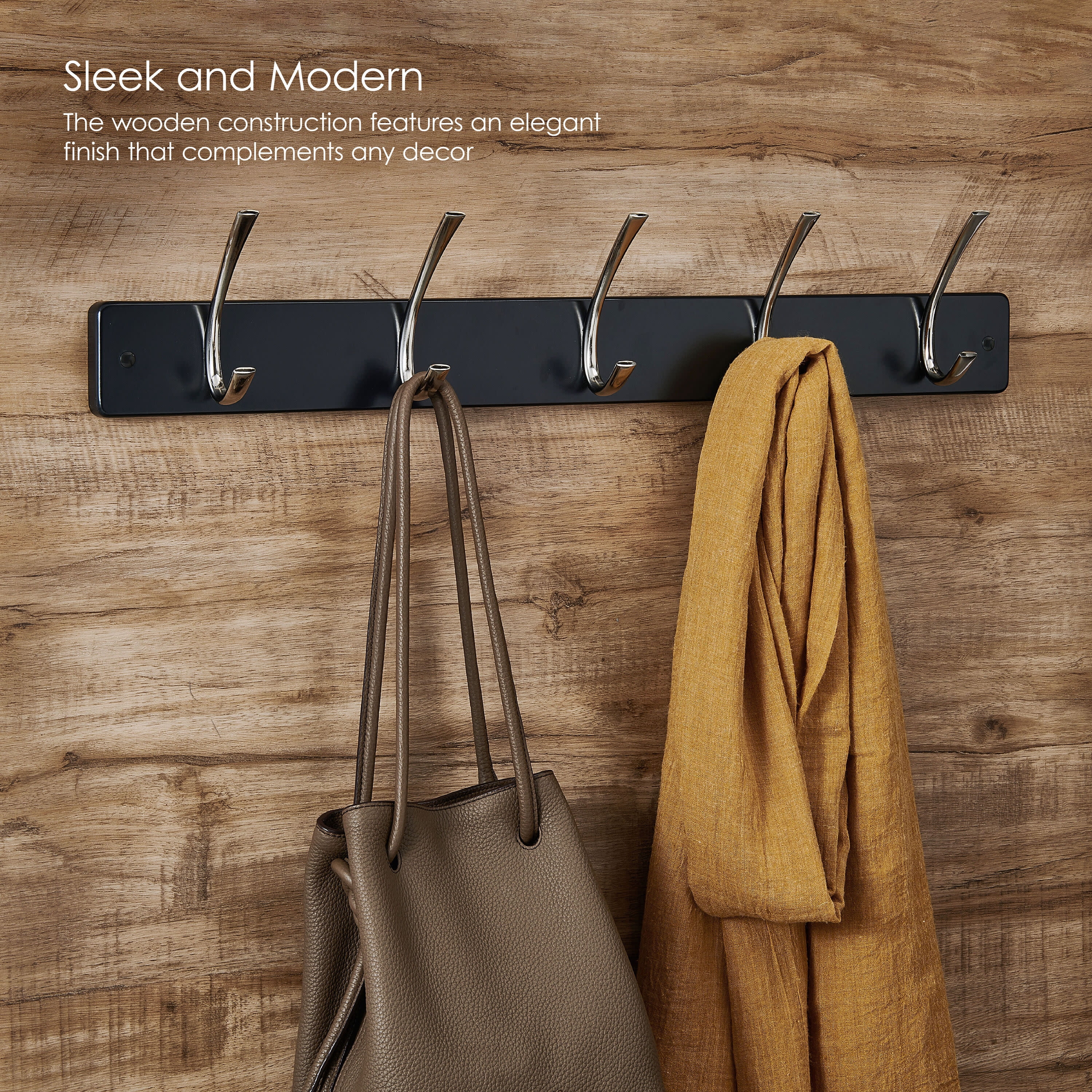 Melannco 27X5 Inch Wall Mount MDF Coat Rack With 5 Silver Metal  Hooks Black