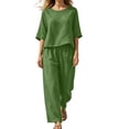 thumbnail image 2 of Cagogo Women's 2 Piece Set Casual Summer Vacation Outfits Loose Round Neck Short Sleeve Tops Wide Leg Pants Matching Lounge Sets Tracksuits Travel Airport Clothes Boho, Green XL, 2 of 6