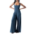 thumbnail image 3 of HBFAGFB Jumpsuits for Women Square Neck Ribbed Wide Leg Sleeveless High Waist Pant Rompers Blue Size M, 3 of 8