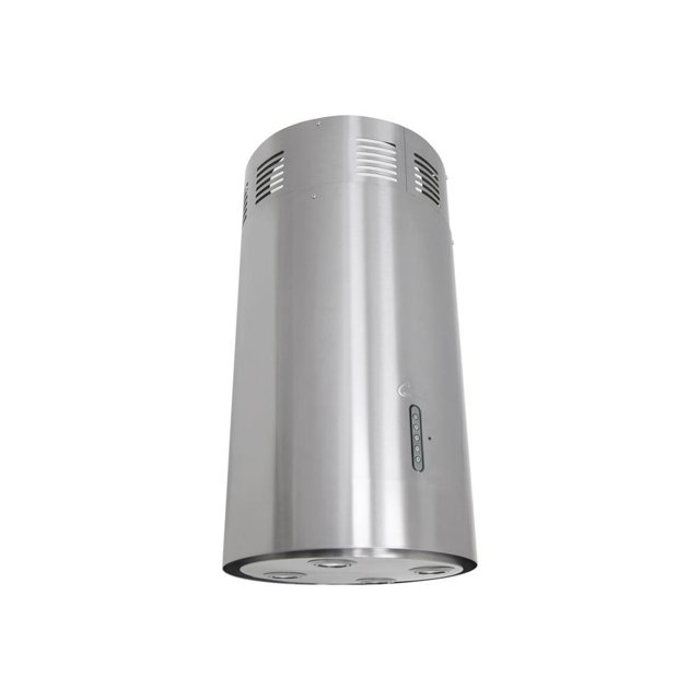 Campana Sanaire Milano Central 42D Acero Inoxidable, campana extractora cilíndrica de acero inoxidable color plata con panel táctil lateral, cuatro lámparas LED en la base y rejillas de ventilación superiores. Cuenta con capacidad de extracción de 840 m3/h, tres velocidades, filtros electrostático y carbón activado, ideal para mantener la cocina libre de humo y olores, y también adecuada para cocinas con espacio central.