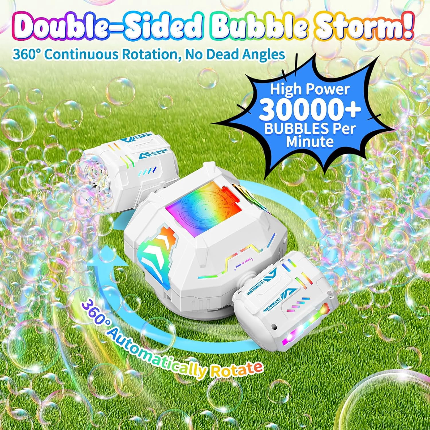 Bubble Machine, Rechargeable Bubble Maker with 360 ° Automatic Rotation & 9 LED Light, 30000+ Bubbles Blower Machine, Birthday Parties, Wedding, Indoor, Outdoor Activities