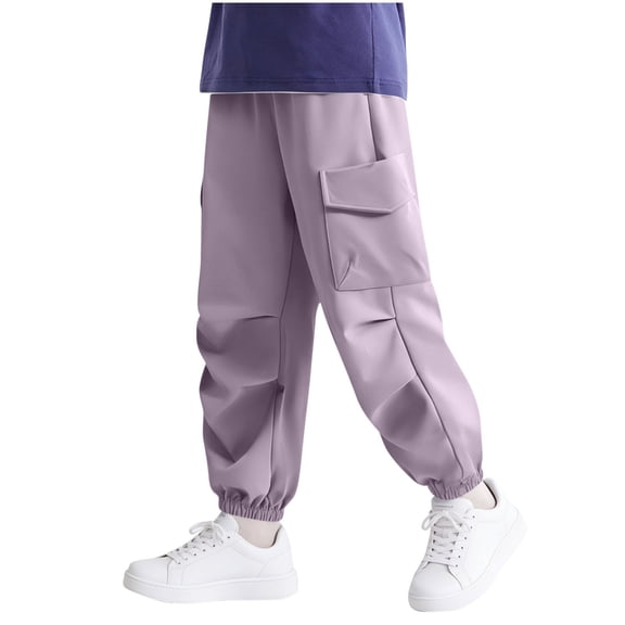 Lenpel Boys Girls' Baggy Joggers Kids Elastic Waist Pull on Pleated Cinch Bottom Cargo Pants Casual Athletic Pants(Purple,14-15 Years)