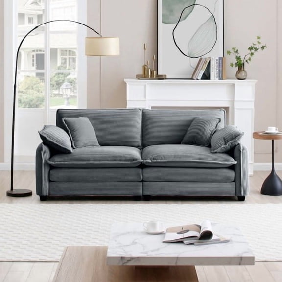Oversized Deep Seat Corduroy Loveseat Sofa with 4 Pillows, Modern Upholstered 2 Seat Couch, Memory Foam Cushions, Wide Armrests, Living Room Sofa, Grey