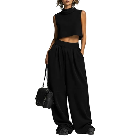 mihongmao Summer 2 Piece Sets For Women Dressy Club Outfits Women Turtleneck Sleeveless Crop Top 2 Piece Outfit Casual Loose Wide Leg Sweatpants Set With Pockets Black XL