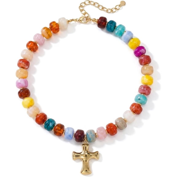 Terandius Multicolor Resin Beaded Necklace for Women with 14K Gold Plated Cross Pendant - 17.32 Inch Adjustable Choker, Summer Jewelry Gift
